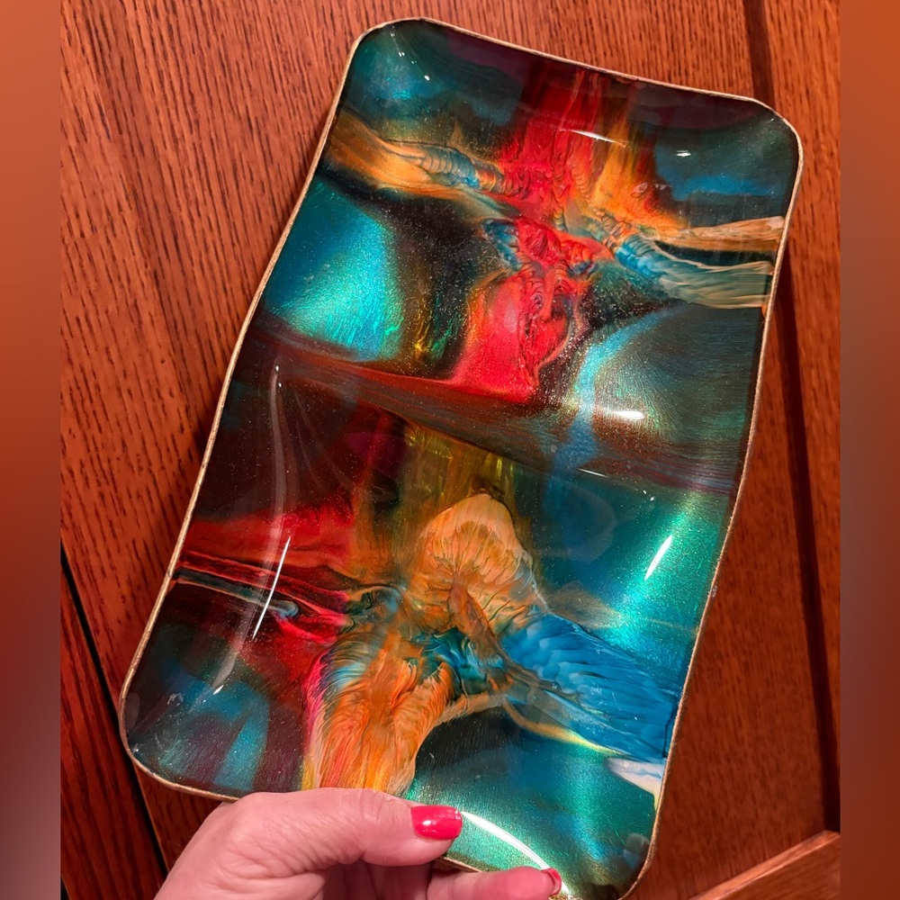 RARE Seetusee Glass Tray Green Gold Red Iridescent Leather Mayfair Divided Dish